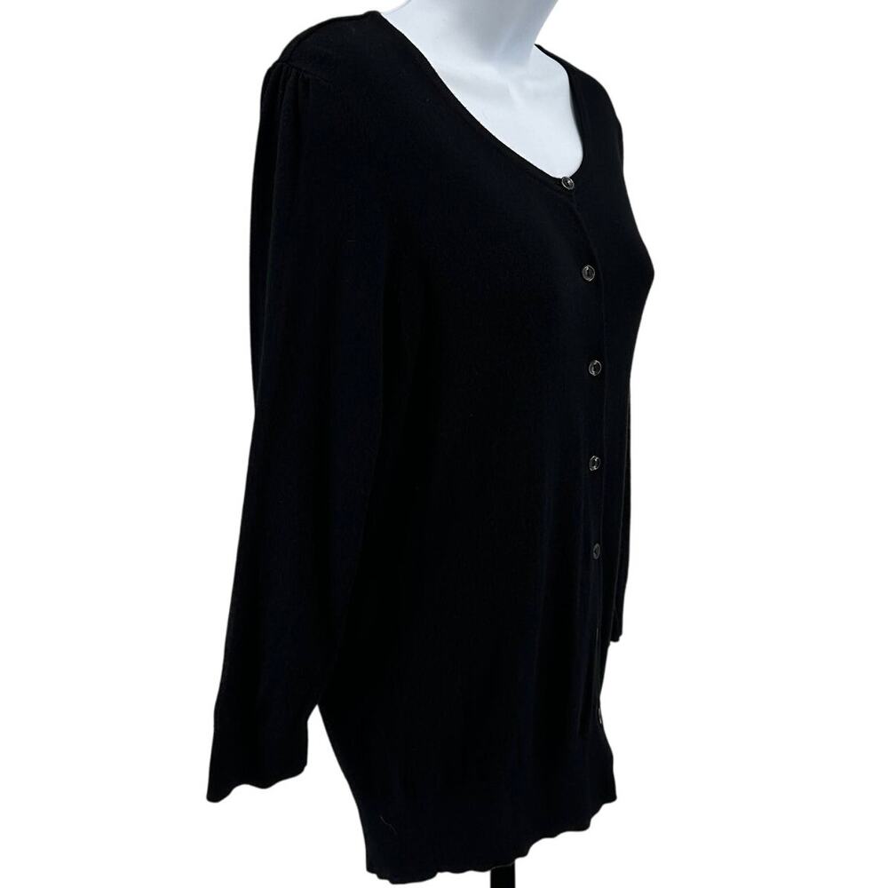 Halogen Knitted Top WMNS M Petite Black 3/4 Sleeve Button-Up Stretch Round Neck
